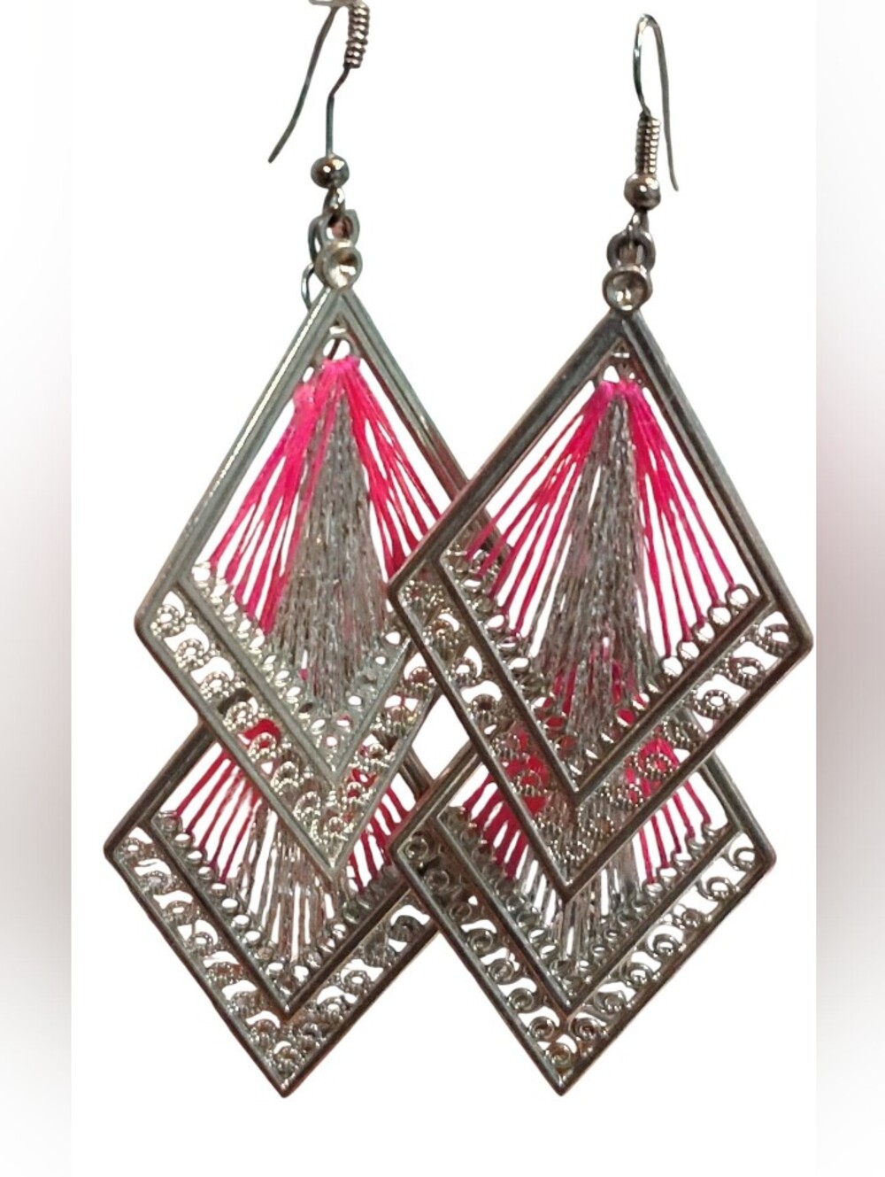 Silver & Pink Threaded Diamond Drop Earrings